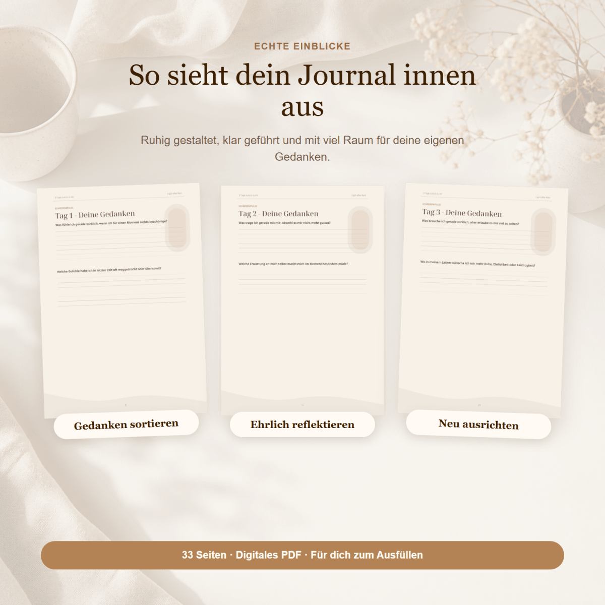 Beispielseiten aus dem digitalen Journal „3 Tage zurück zu dir“