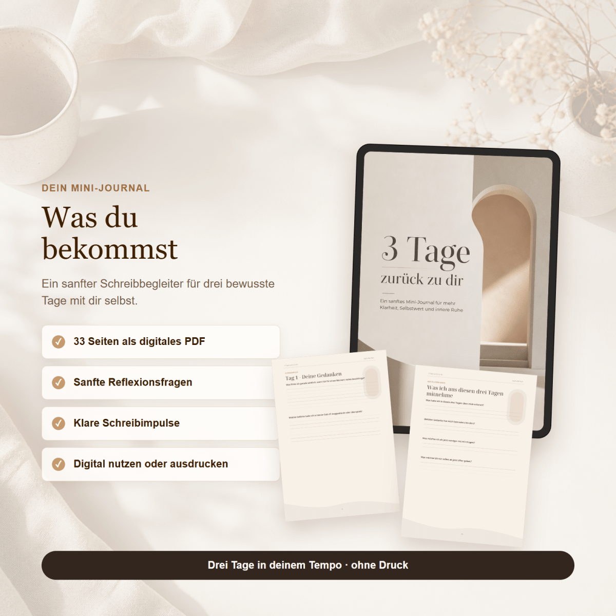 Inhalte des 3-Tage-Journals für mehr Ruhe und Klarheit